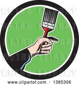 Vector Clip Art of Retro Woodcut White Painters Hand Holding a Paintbrush in a Black White and Green Circle by Patrimonio