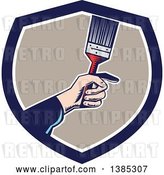 Vector Clip Art of Retro Woodcut White Painters Hand Holding a Paintbrush in a Blue White and Taupe Shield by Patrimonio