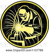 Vector Clip Art of Retro Woodcut Worker Leaning over and Using a Welding Torch in a Black Circle by Patrimonio