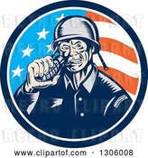 Vector Clip Art of Retro Woodcut World War Two Soldier Biting a Grenade in an American Flag Circle by Patrimonio
