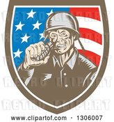 Vector Clip Art of Retro Woodcut World War Two Soldier Biting a Grenade in an American Flag Shield by Patrimonio