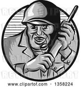 Vector Clip Art of Retro Woodcut World War Two Soldier Holding a Field Radio in a Gray and Navy Blue Circle by Patrimonio
