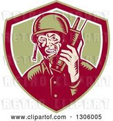 Vector Clip Art of Retro Woodcut World War Two Soldier Talking on a Field Radio in a Green Maroon and White Shield by Patrimonio