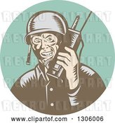 Vector Clip Art of Retro Woodcut World War Two Soldier Talking on a Field Radio in a Turquoise Circle by Patrimonio