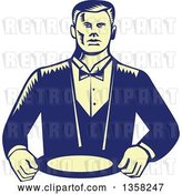 Vector Clip Art of Retro Woodcut Yellow and Blue Male Waiter Wearing a Cravat and Holding a Plate by Patrimonio