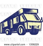 Vector Clip Art of Retro Woodcut Yellow and Blue RV Camper Van by Patrimonio