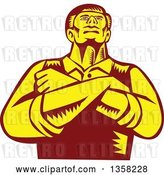 Vector Clip Art of Retro Woodcut Yellow and Brown Business Man with Folded Arms, Looking Up, from a Low Angle by Patrimonio