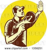 Vector Clip Art of Retro Woodcut Yellow and Brown Male Worker Holding up a Hand and Using a Megaphone in a Yellow Circle by Patrimonio