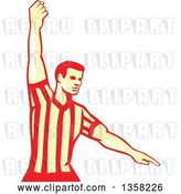 Vector Clip Art of Retro Woodcut Yellow and Red Basketball Referee Stopping the Clock by Patrimonio
