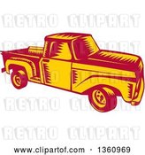 Vector Clip Art of Retro Woodcut Yellow and Red Pickup Truck by Patrimonio