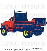 Vector Clip Art of Retro Woodcut Yellow, Blue and Red Flatbed Truck by Patrimonio