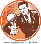 Vector Clip Art of Retro Woodut Business Man Inspecting with a Magnifying Glass in an Orange Circle by Patrimonio
