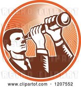 Vector Clip Art of Retro Woodut Business Man Looking Through a Telescope in an Orange Ray Circle by Patrimonio