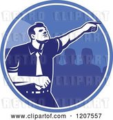 Vector Clip Art of Retro Woodut Business Man Pointing Forward in a Blue Circle by Patrimonio