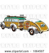 Vector Clip Art of Retro Woody Sedan with Skis and a Trailer by Andy Nortnik