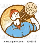 Vector Clip Art of Retro Worker Carrying a Log in a Circle of Sun Rays by Patrimonio
