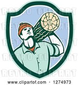 Vector Clip Art of Retro Worker Carrying a Log in a Green White and Blue Shield by Patrimonio