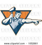 Vector Clip Art of Retro Worker Guy Holding a Hammer and Pointing Logo by Patrimonio