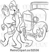 Vector Clip Art of Retro Worker Guy Losing Part of His Pants on a Car While Talking to a Lady by Picsburg