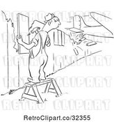 Vector Clip Art of Retro Worker Guy Repairing a Fence As a Plane Crashes Through Another Section by Picsburg