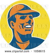 Vector Clip Art of Retro Worker Guy Wearing a Hat over a Yellow Circle by Patrimonio