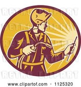 Vector Clip Art of Retro Worker Using a Welding Torch in a Ray Oval by Patrimonio