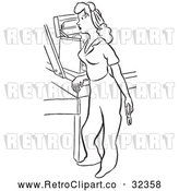 Vector Clip Art of Retro Worker Woan by a Tool Box Black and White by Picsburg