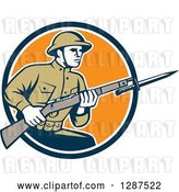Vector Clip Art of Retro World War One American Soldier with a Bayonet and Rifle in a Navy Blue, White and Orange Circle by Patrimonio