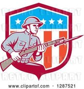 Vector Clip Art of Retro World War One American Soldier with a Bayonet and Rifle in an American Shield by Patrimonio