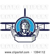 Vector Clip Art of Retro World War One Male Pilot Aviator Looking up over a Wing Banner and Biplane by Patrimonio