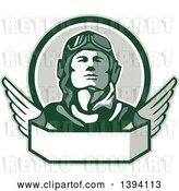 Vector Clip Art of Retro World War One Male Pilot Aviator Looking up over a Wing Banner by Patrimonio