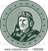 Vector Clip Art of Retro World War One Male Pilot Aviator Smiling in a Circle with Stars by Patrimonio