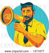 Vector Clip Art of Retro Wpa Styled Businessman Announcing Through a Megaphone in a Turquoise Circle by Patrimonio
