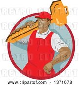 Vector Clip Art of Retro Wpa Styled Locksmith Carrying a Giant Key over His Shoulder in a Red and Gray Circle by Patrimonio