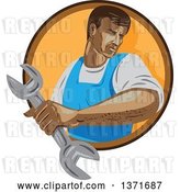 Vector Clip Art of Retro Wpa Styled Mechanic Holding a Wrench and Emerging from a Brown and Orange Circle by Patrimonio
