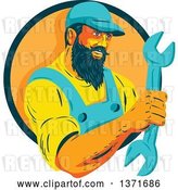Vector Clip Art of Retro Wpa Styled Mechanic with a Beard, Holding a Giant Wrench and Emerging from a Green and Orange Circle by Patrimonio