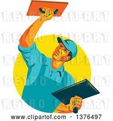 Vector Clip Art of Retro WPA Styled Plasterer Worker Guy Emerging from a Yellow Circle by Patrimonio