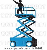 Vector Clip Art of Retro Wpa Styled Silhouetted Male Worker on a Cherry Picker Scissor Lift by Patrimonio