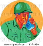 Vector Clip Art of Retro Wpa Styled WWII American Soldier Talking on a Field Radio in an Orange Circle by Patrimonio