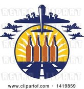 Vector Clip Art of Retro WWII B-17 Flying Fortress Bombers Taking off over Beer Buttles and a Runway by Patrimonio