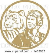 Vector Clip Art of Retro WWII Male Aviator Pilot and Tiger in a Tan and White Circle by Patrimonio