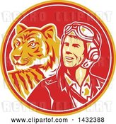 Vector Clip Art of Retro WWII Male Aviator Pilot and Tiger in a Yellow Red and White Circle by Patrimonio