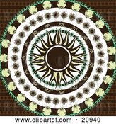 Vector Clip Art of Retro Yellow and Black Sun in the Center of Circles of Black, Yellow, and Green Floral Patterns over a Patterned Brown Background by Elaineitalia