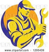 Vector Clip Art of Retro Yellow and Blue Male Mechanic Holding a Wrench in an Orange Circle by Patrimonio