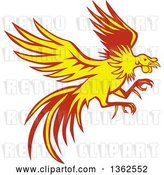 Vector Clip Art of Retro Yellow and Red Flying Fighting Cock Rooster by Patrimonio