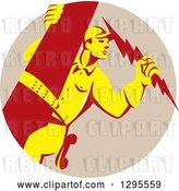 Vector Clip Art of Retro Yellow and Red Lineman Male Electrician Holding a Lightning Bolt in a Taupe Circle by Patrimonio
