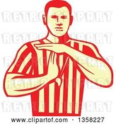Vector Clip Art of Retro Yellow and Red Woodcut Male Basketball Referee Gesturring Technical Foul by Patrimonio