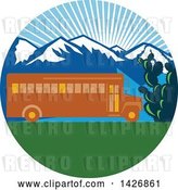 Vector Clip Art of Retro Yellow School Bus with Cactus and Mountains Against a Sunny Sky Inside a Circle by Patrimonio