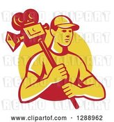 Vector Clip Art of Retro Young Male Cameraman in a Yellow Circle by Patrimonio