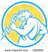 Vector Clip Art of Retro Zeus Holding a Thunder Bolt in a Blue White and Yellow Circle by Patrimonio